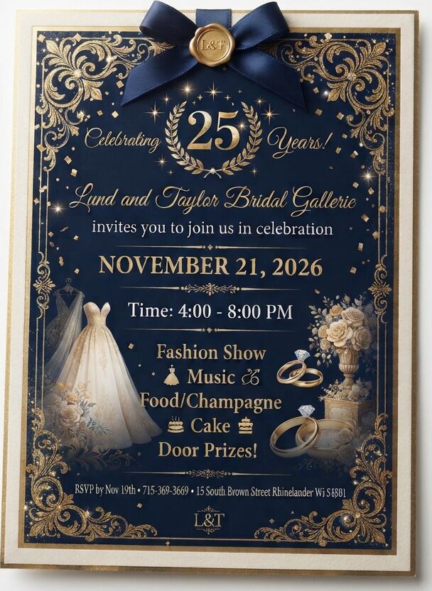 Invitation: Celebrating 25 Years! Lund and Taylor Bridal Gallerie invites you to join us in celebration, November 21, 2026, 4:00 to 8:00 PM.