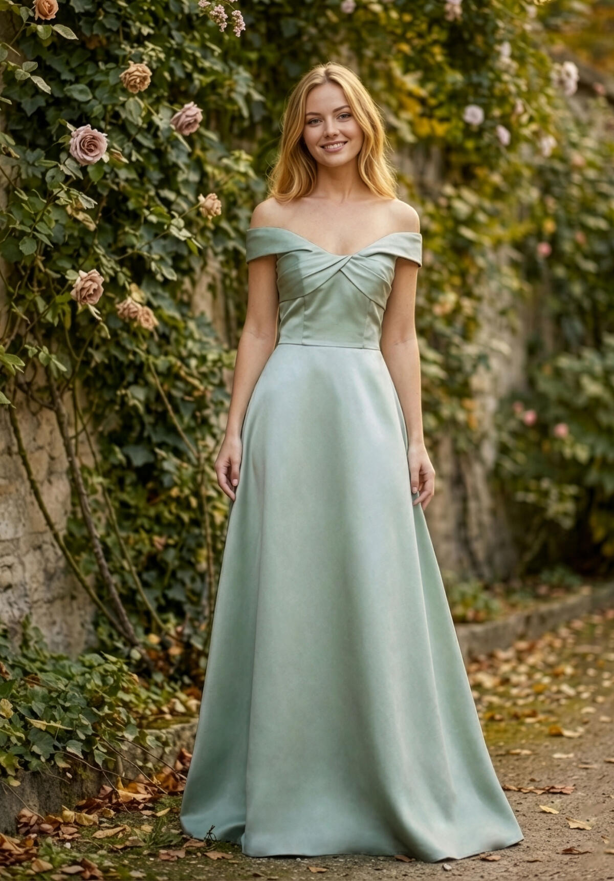 Morilee sage off-the-shoulder satin bridesmaid dress