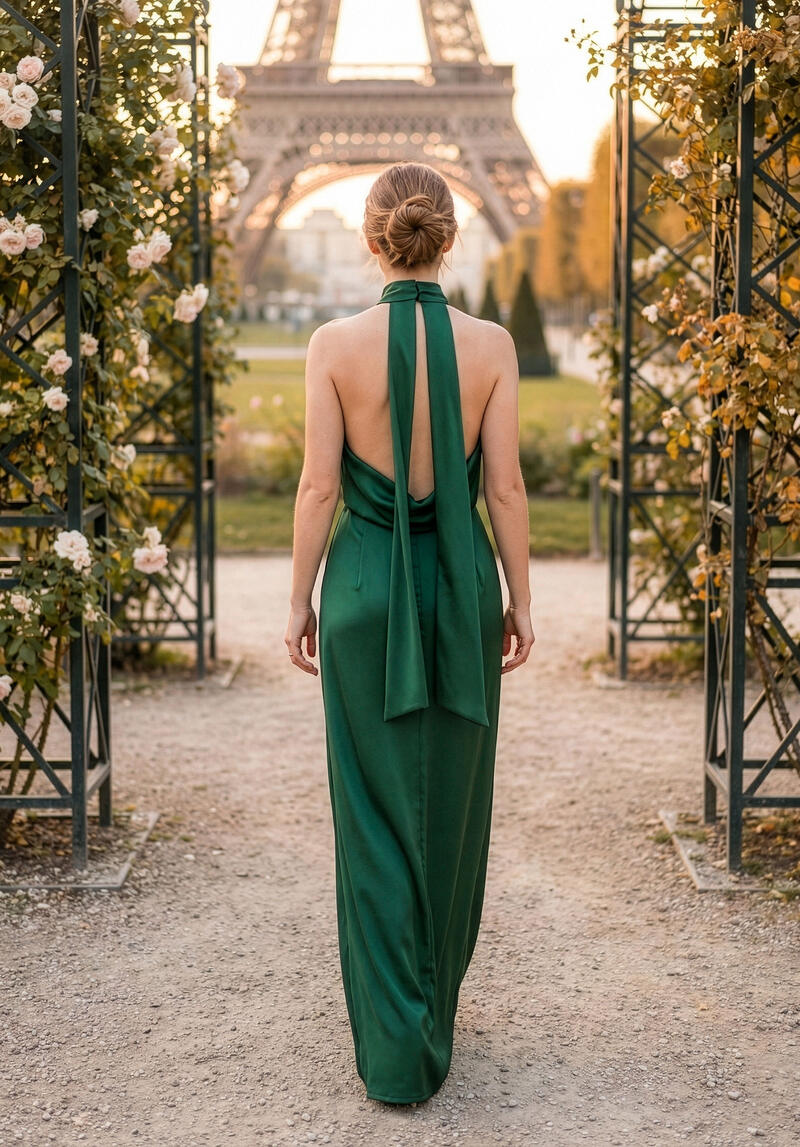 The same emerald Morilee dress from behind, its scarf ties falling down an open back