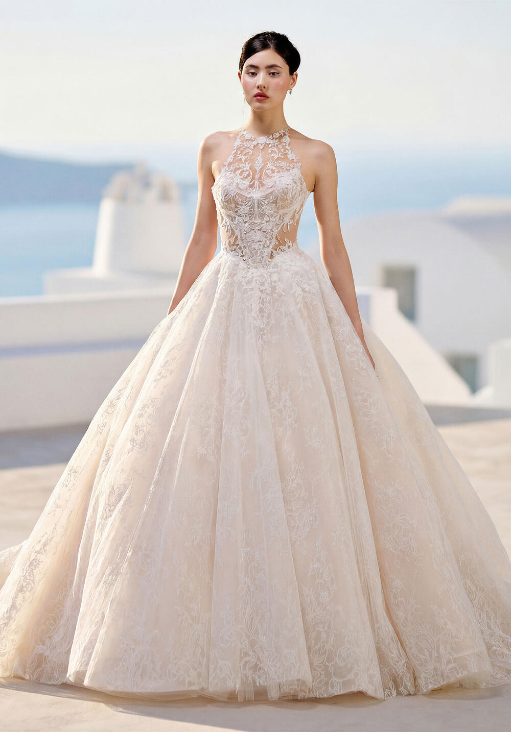 Morilee blush halter ball gown with a beaded lace bodice