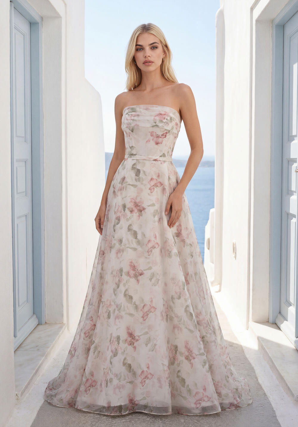 Morilee strapless A-line gown with a pink floral print
