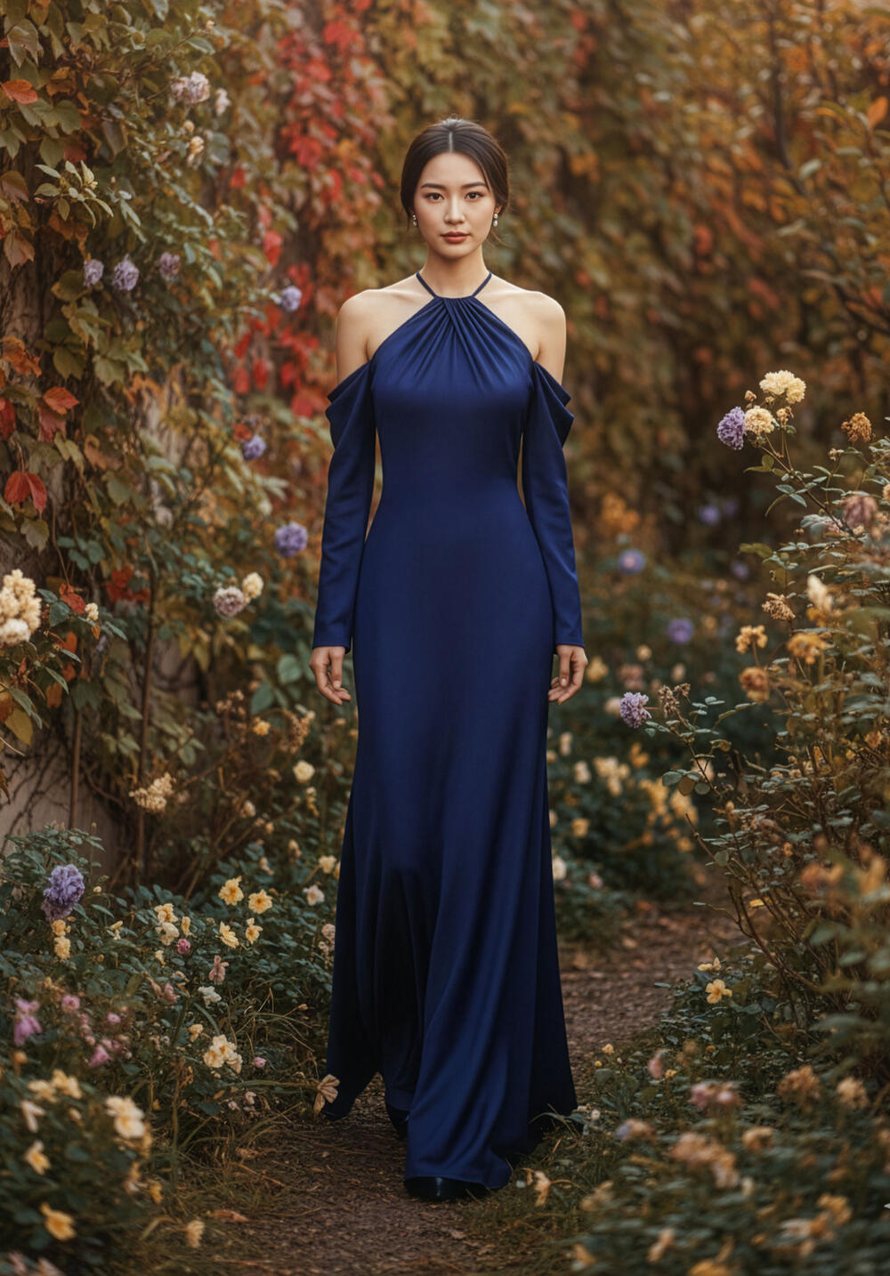 Morilee navy satin bridesmaid dress with a halter neck and cold-shoulder sleeves
