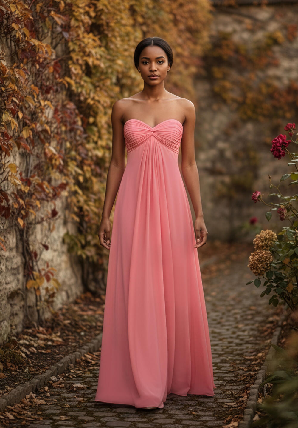 Morilee coral chiffon strapless bridesmaid dress
