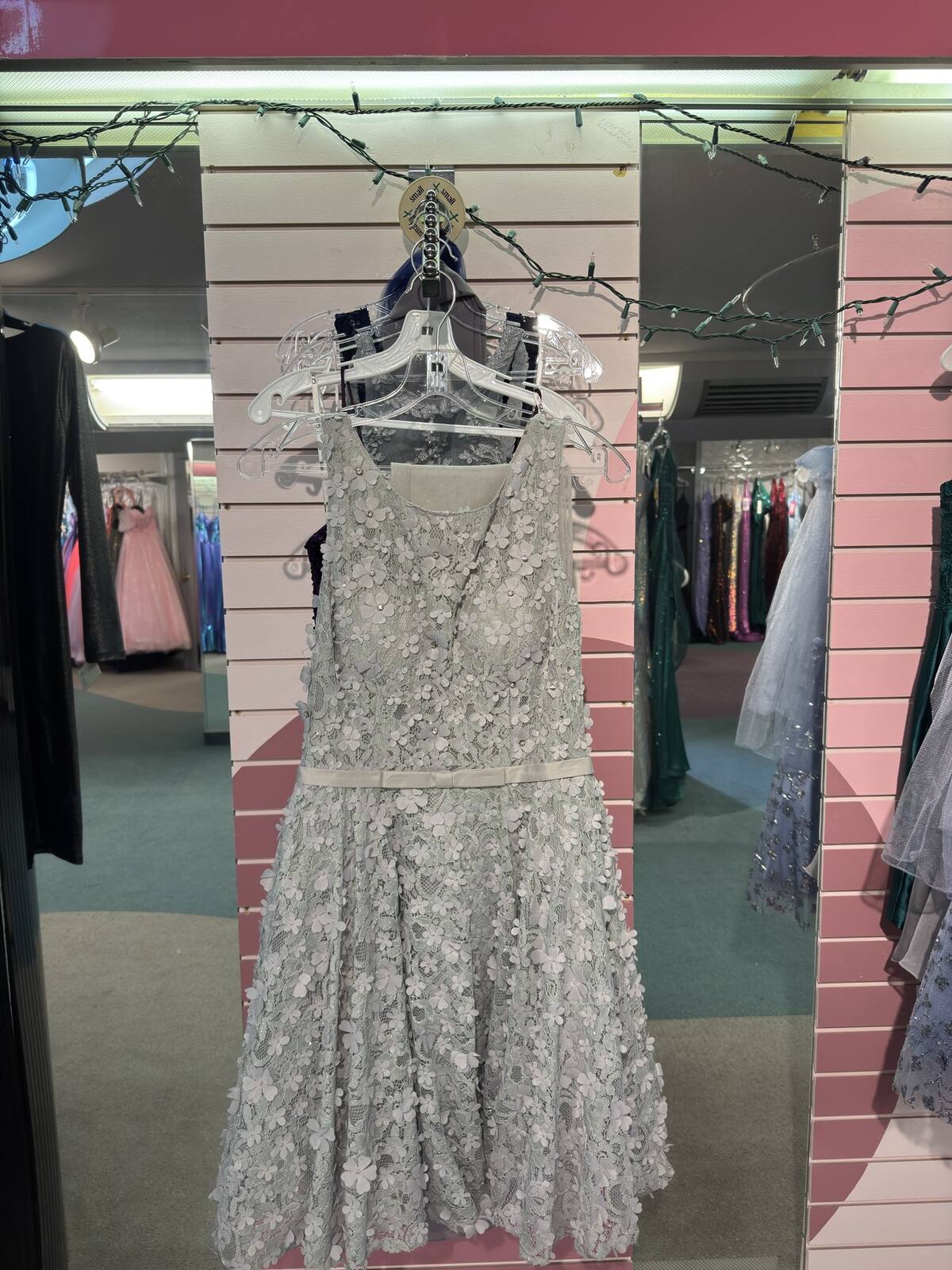 Short silver homecoming dress with floral appliques